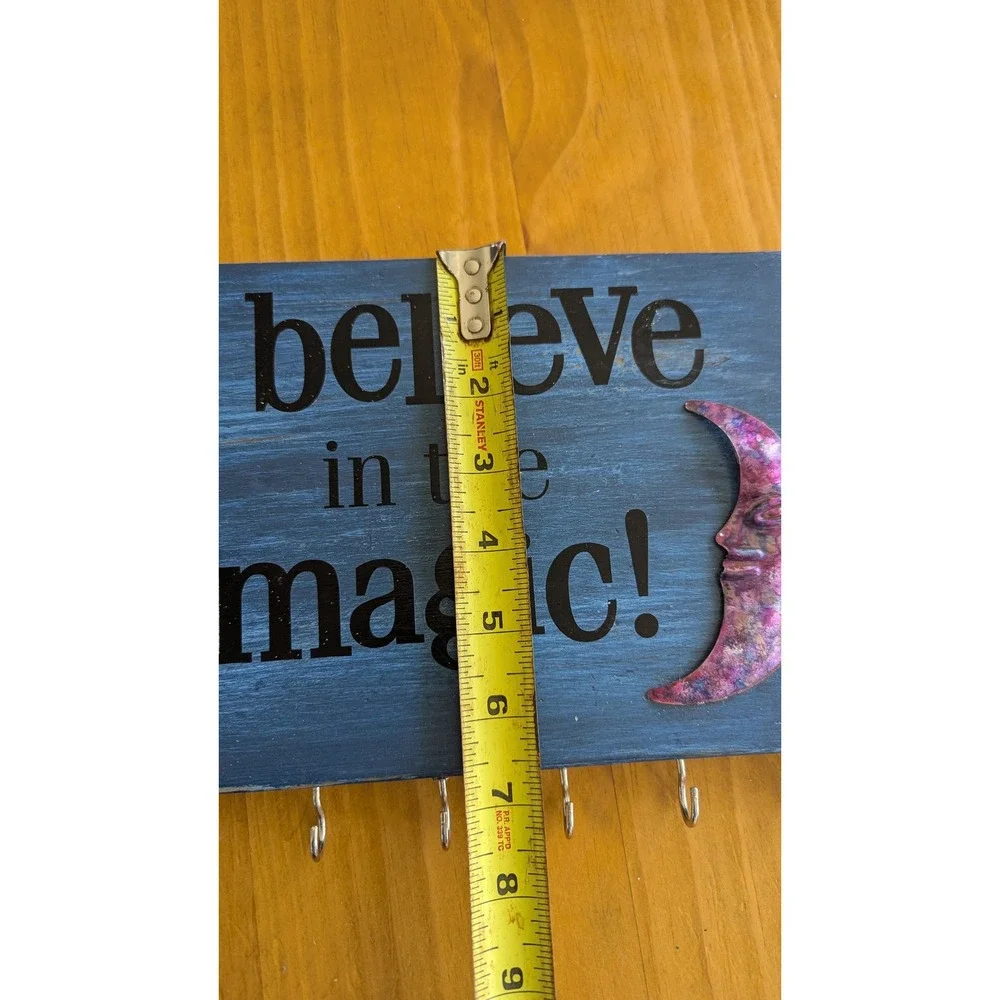 Handmade Celestial Believe in the Magic Wood Wall Key Hook Plaque Moon Stars‎
